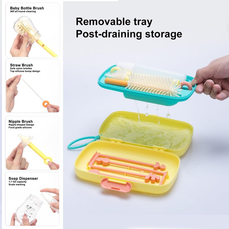 suvast 7in1 Travel Bottle Cleaner kit,Baby Essentials, with Bottle Brush、Nipple Brush、Straw Cleaner Brush、Soap Dispenser、Bottle Drying Rack、Drainage Tray、Storage Box,Baby Travel Essential (Yellow) - Image 4